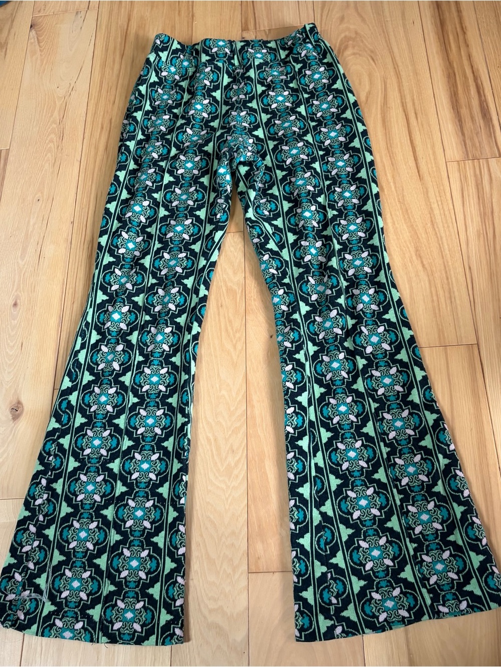 Anthropologie Maeve The Sabine Boot-Cut Pants in Teal & Black Pattern